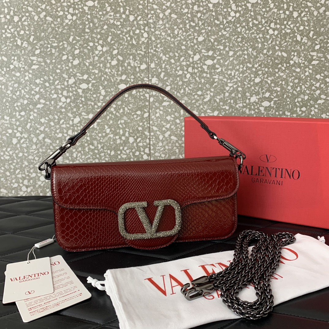 Valentino Garavani Loco Shoulder Bag in Burgundy Snake Grain Calfskin Leather